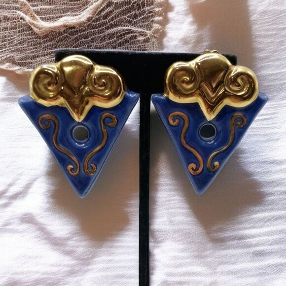 Geometric Abstract Earrings Clip On Terracotta Clay Handpainted Large Blue Gold - Picture 16 of 16